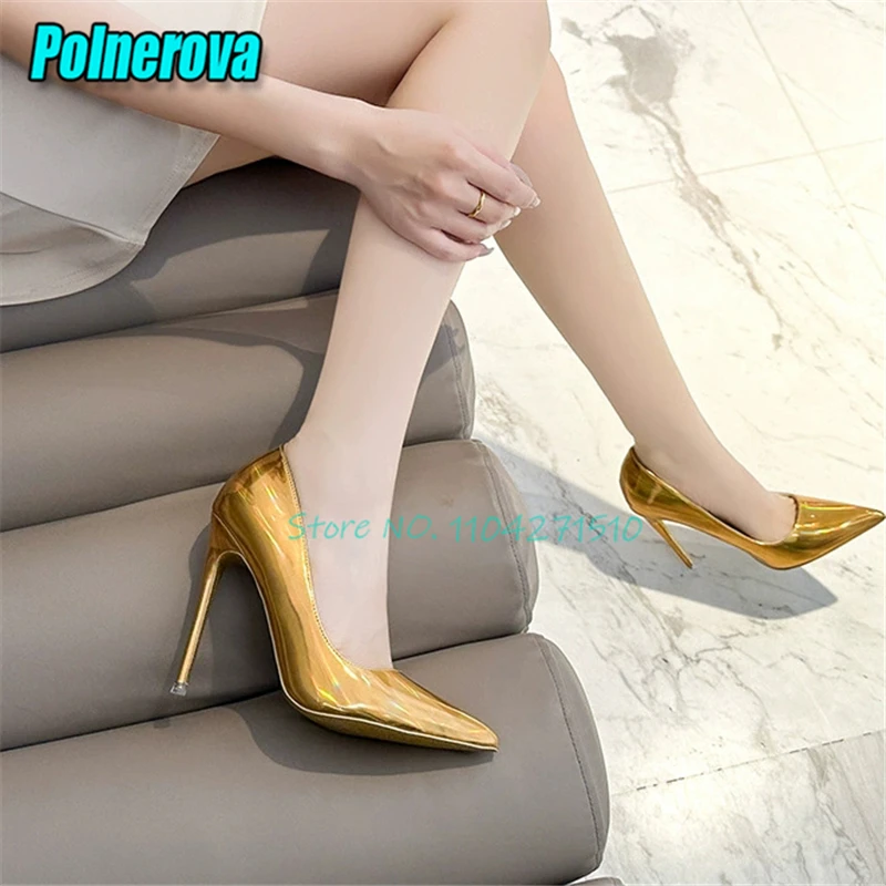 

Golden Laser Glossy Leather 12CM High Heels Women Pumps Sexy Pointed Toe Shallow Pumps Summer New Party Stiletto Shoes Plus Size