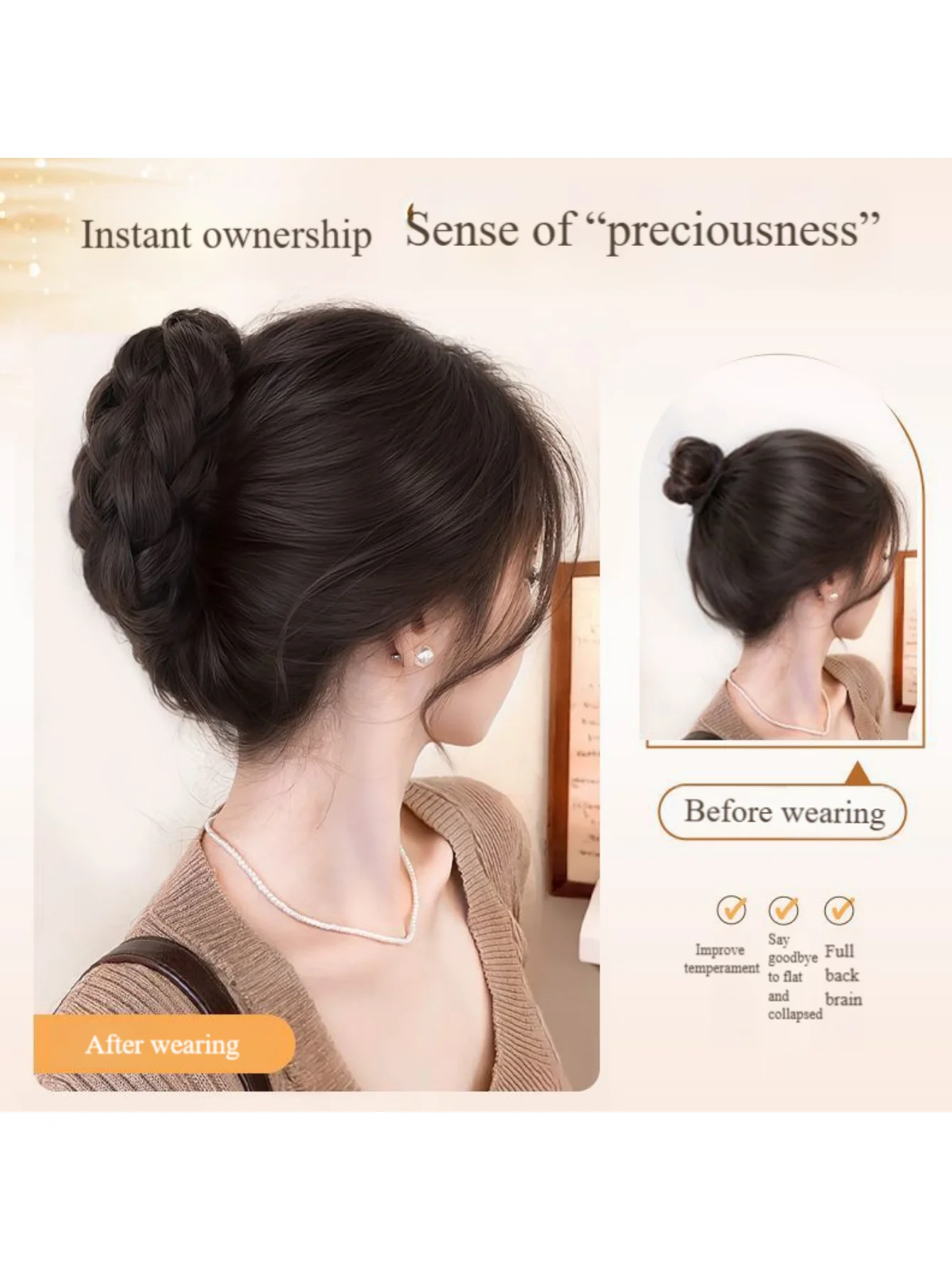 Damen-Haarteil mit geflochtenem Dutt, künstliche Haarklammer, Kleber, Hochsteckfrisur, flauschiges Haar-Accessoire, Haarbündel für den Hinterkopf – Detail 2