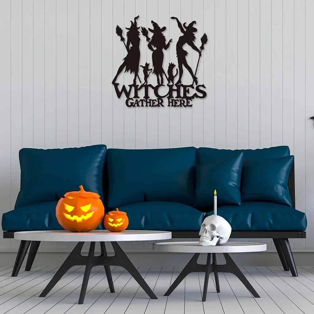 1pc Witches Gather Here Funny Metal Wall Hanging Sign Halloween Farmhouse Decor Metal Sign, Vintage Chic Metal Art Decor Hanger