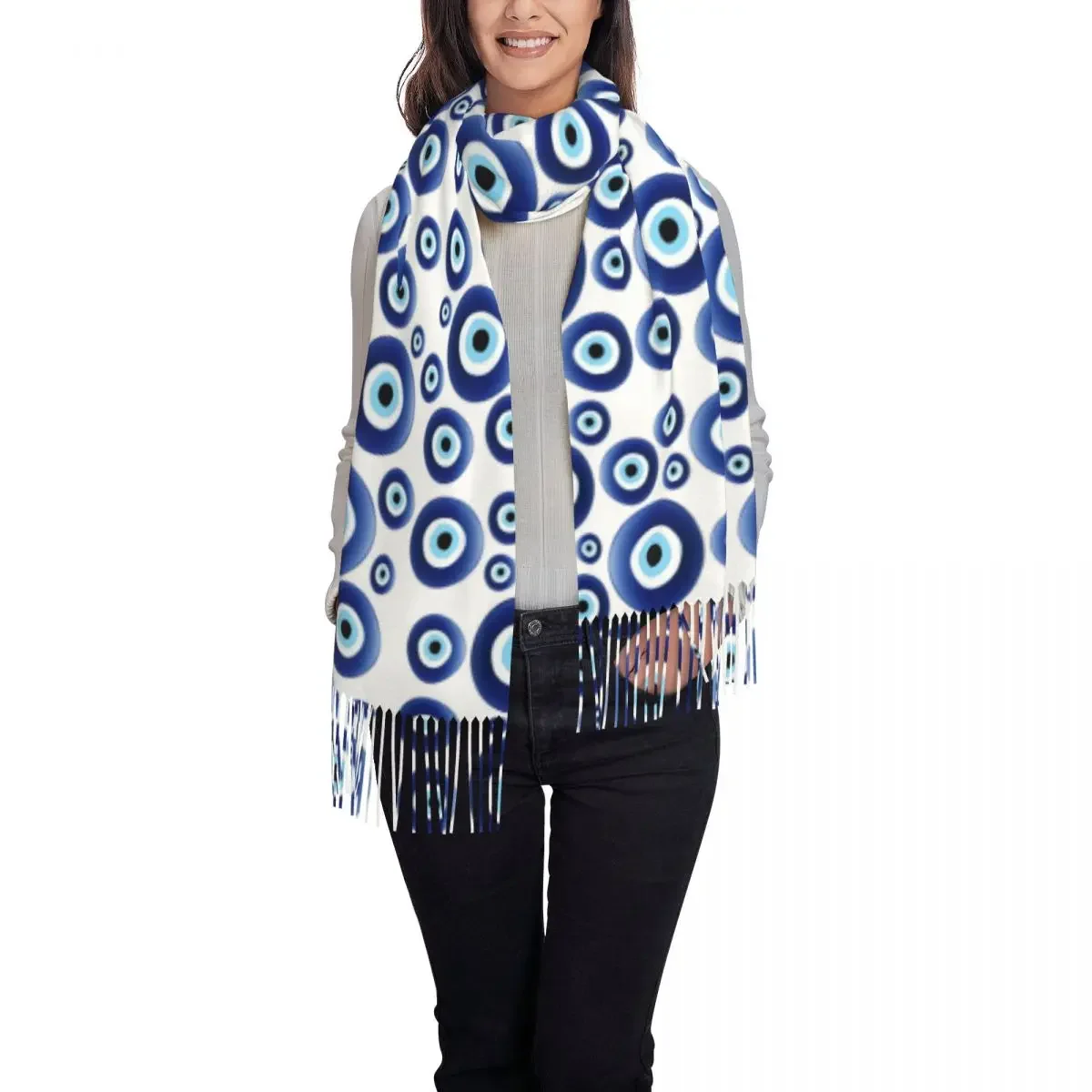 Lady Large Mediterranean Evil Eye Protection Scarves Women Winter Thick Warm Tassel Shawl Wraps Lucky Charm Amulet Hamsa Scarf image 2