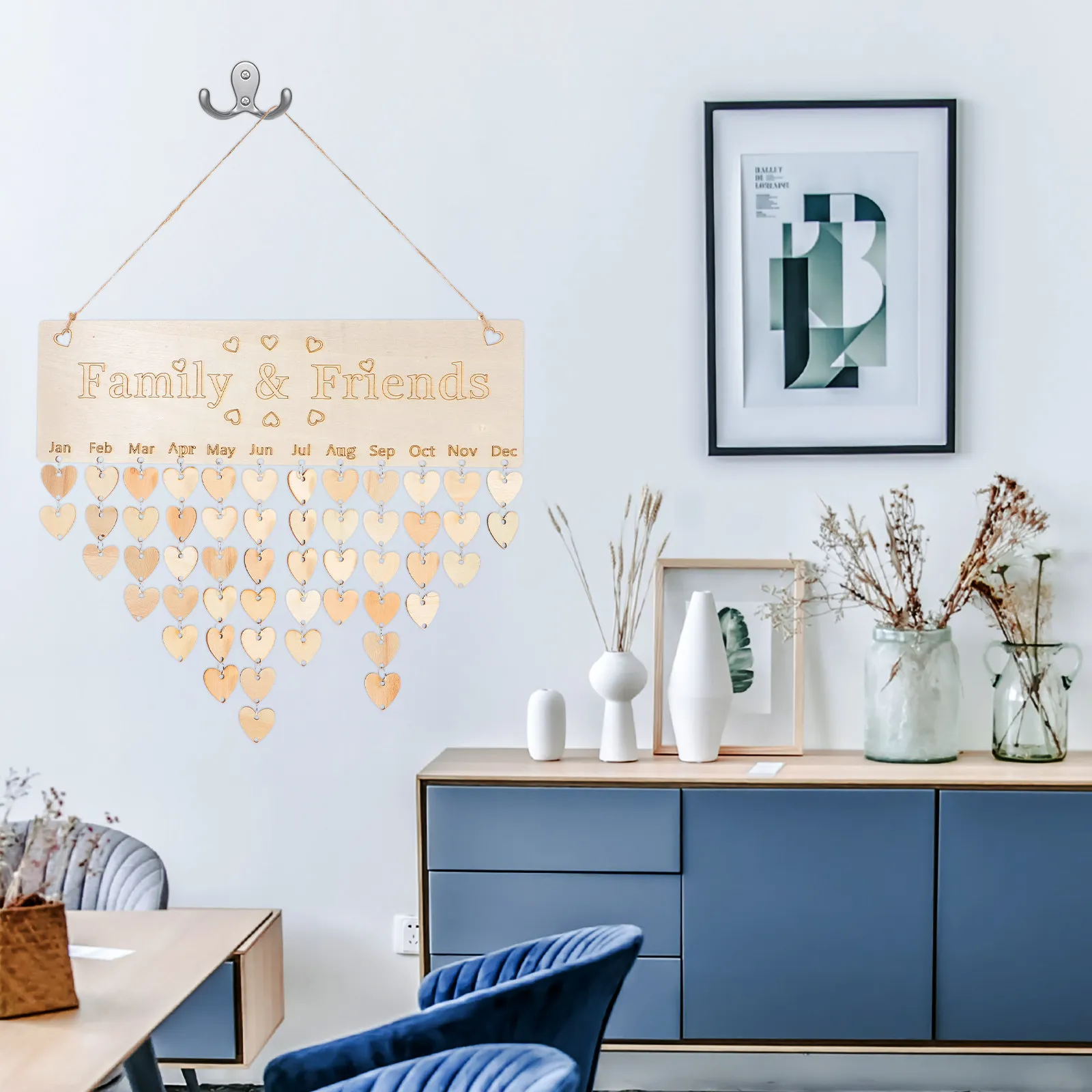 

1Set Hanging Wooden Birthday Calendar Board DIY Family Plaque with Heart Round Tags Rustic Style Birthday Reminder Wall Sign