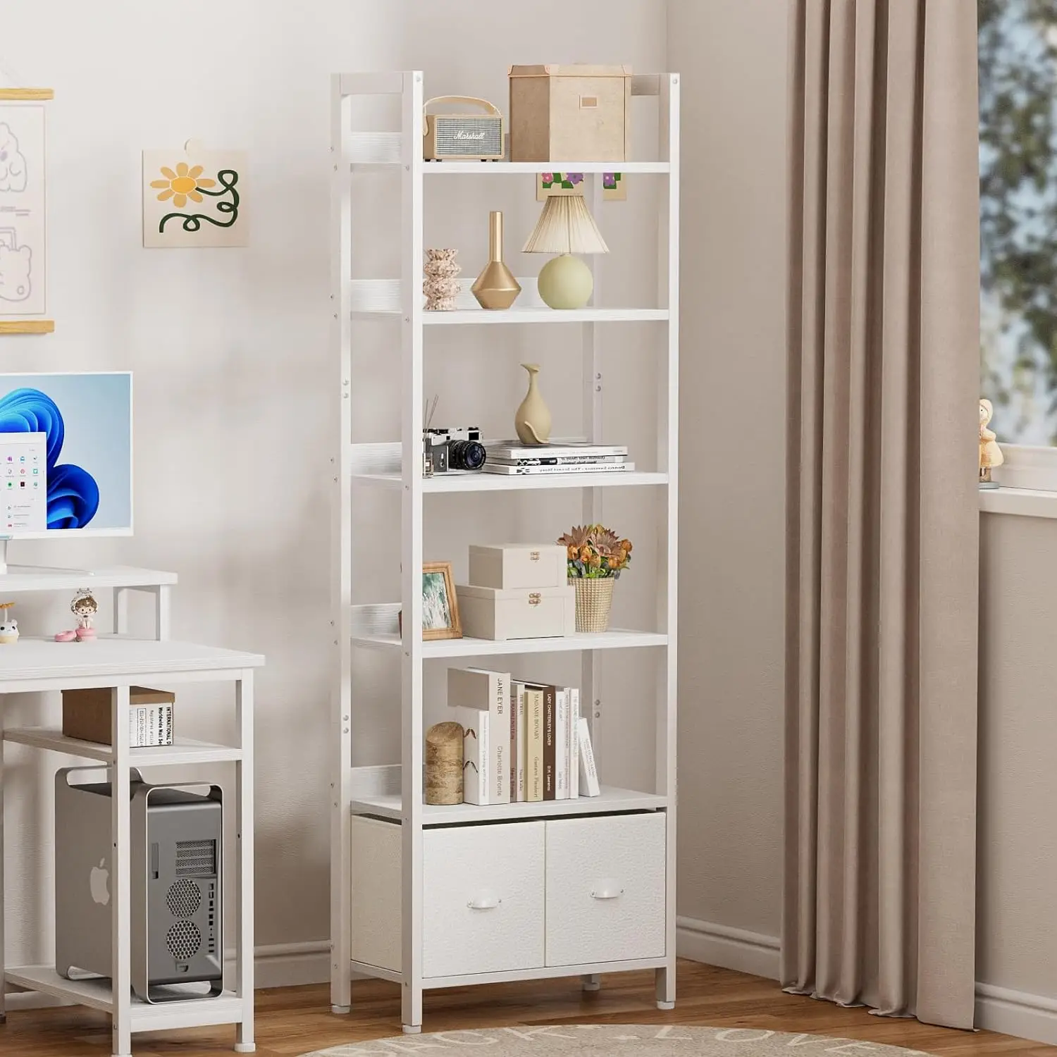 White 6 Tier Bookshelf with Drawers, Tall 71