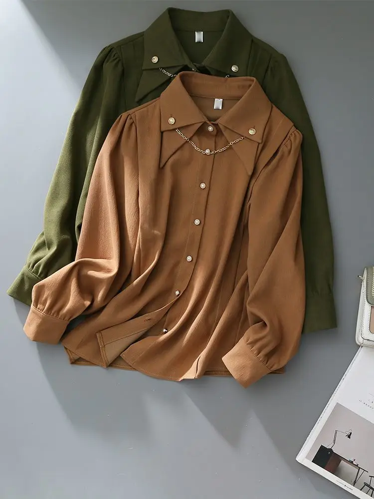 Brushed Corduroy Lapel Long-sleeved Shirt Women\'s Autumn and Winter New Design Chain Retro Shirt Thickened Bottoming Top