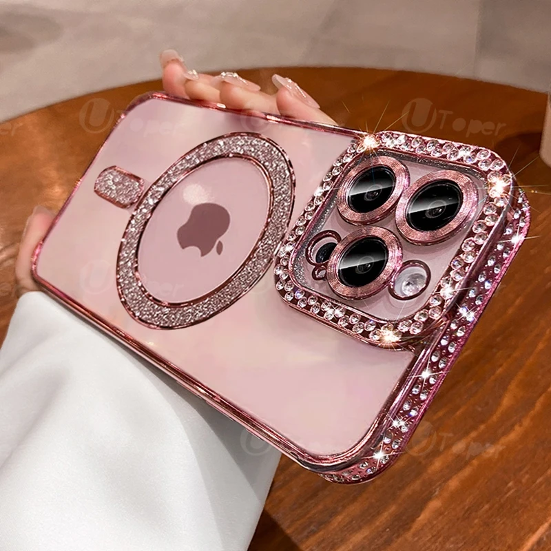 Fashion Girl Pink Crystal Glitter Transparent Magnetic Case For iPhone 15 11 12 13 14 Pro Max Wireless Charging Diamond Cover