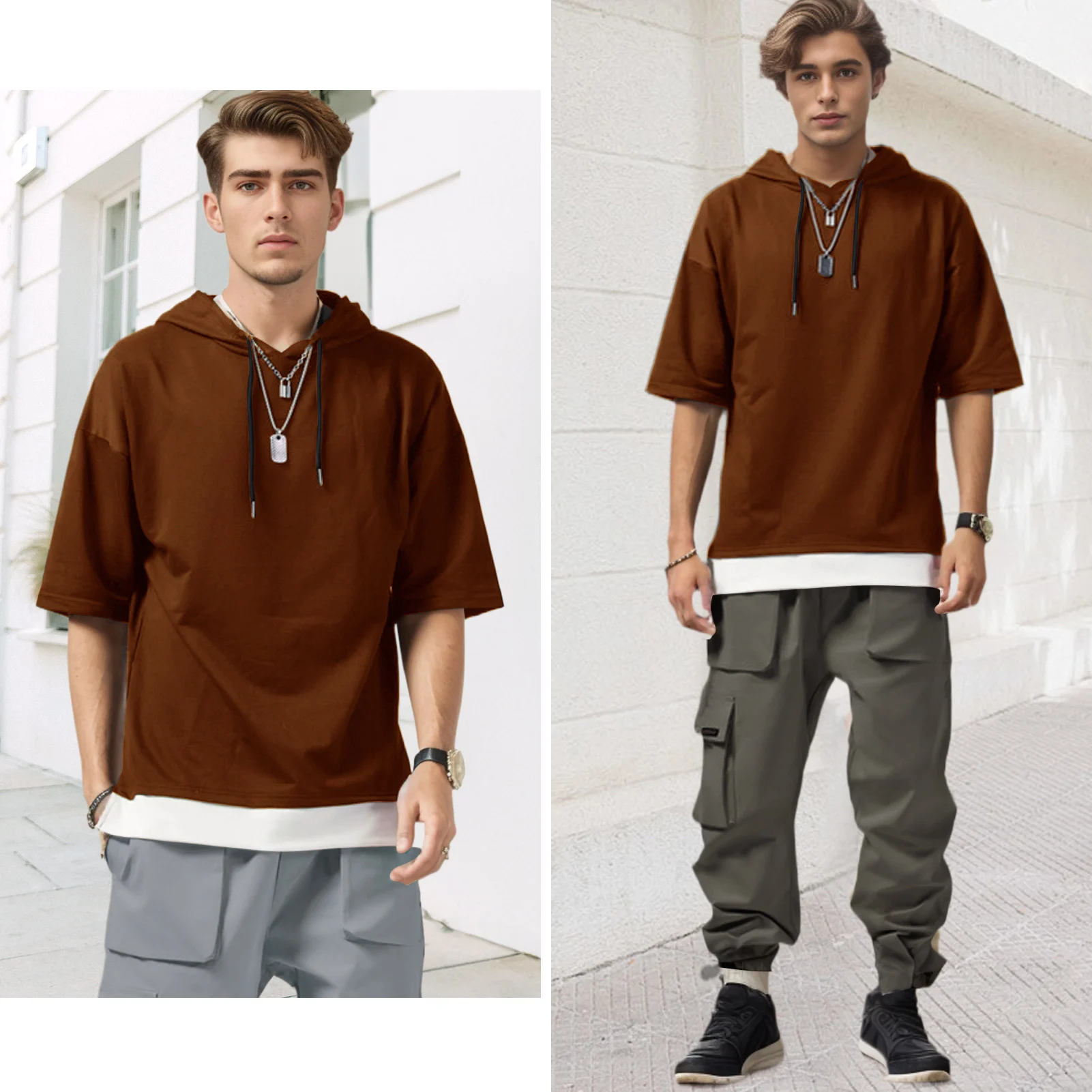 Mens T-Shirt Short Sleeve Hoodie Soft Cotton Sweatshirts Moisture Wicking Casual Patchwork Unisex Hoodie tee