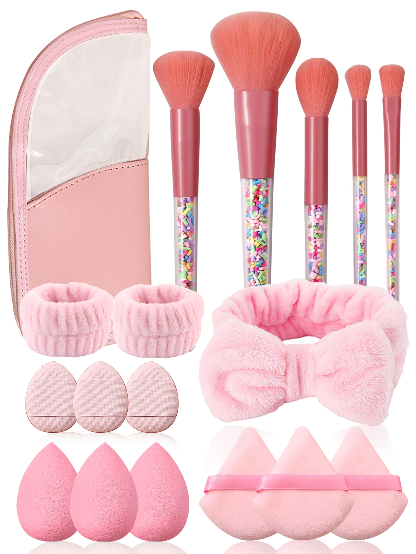 Roze Serie Make-Up Tools Kit Feest Make-Up Borstels Blender Sponzen & Opbergtas, Strik Hoofdband Polsbandjes