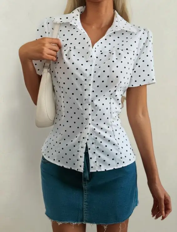 

Summer Classic Elegant Fashion Casual Polka Dot Print Lapel Button Front Waist Cinched Slim Fit Versatile Short Sleeved Shirt