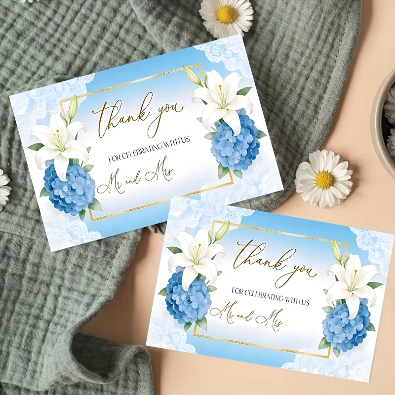 50PCS Wedding Thank-you Cards, Paper Wedding Greeting Cards, Wedding Thank-you Cards with Lily and Embroidered Ball Patterns