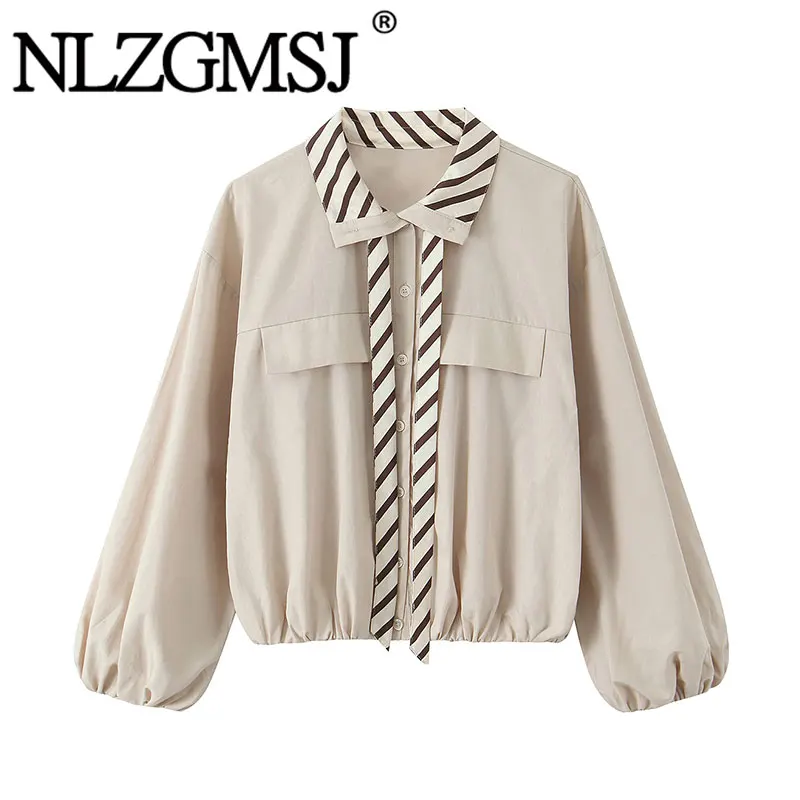 NLZGMSJ 2026 Frühling Damen Bluse Langarm Kontrastkragen Freizeithemd Gestreiftes Patchwork Lockeres Oberteil