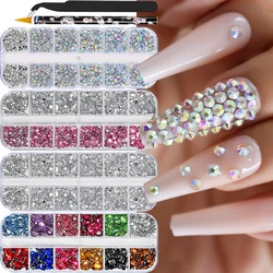 12Grids AB/Clear Flatback Rhinestones Nail Art Charms Mixed 0.2/0.3/0.4/0.5/0.6cm Diamond+1Tweezer+Crayon Manicure Gem Accessory