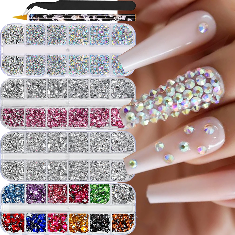 12Grids AB/Clear Flatback Rhinestones Nail Art Charms Mixed 0.2/0.3/0.4/0.5/0.6cm Diamond+1Tweezer+Crayon Manicure Gem Accessory