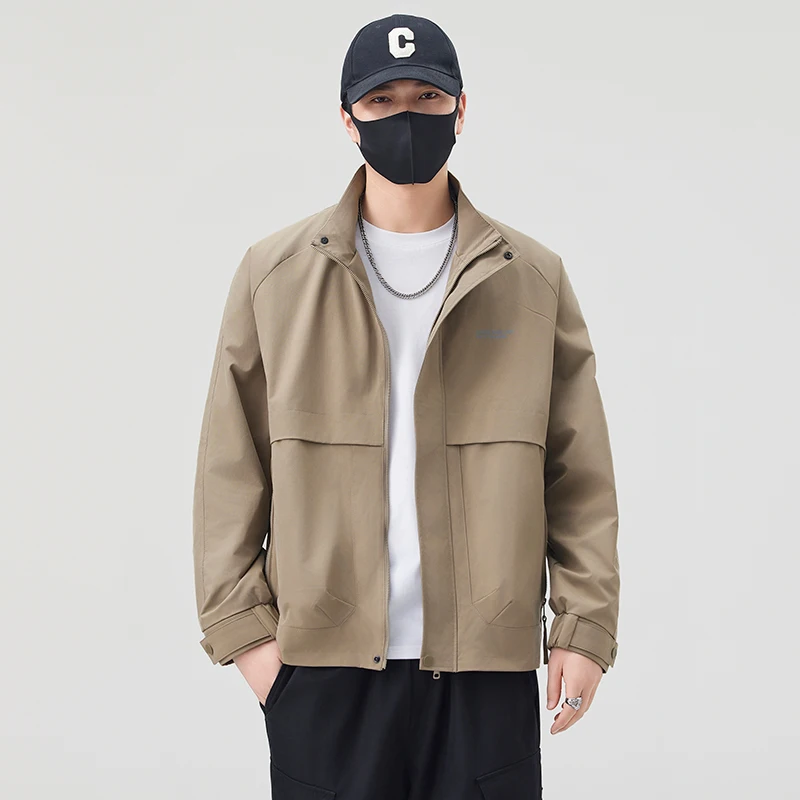 

Повседневная свободная куртка-жакет с воротником-стойкой для мужчин, весна-осень, для активного отдыха, модный бренд, простой дизайн, длинный рукав
