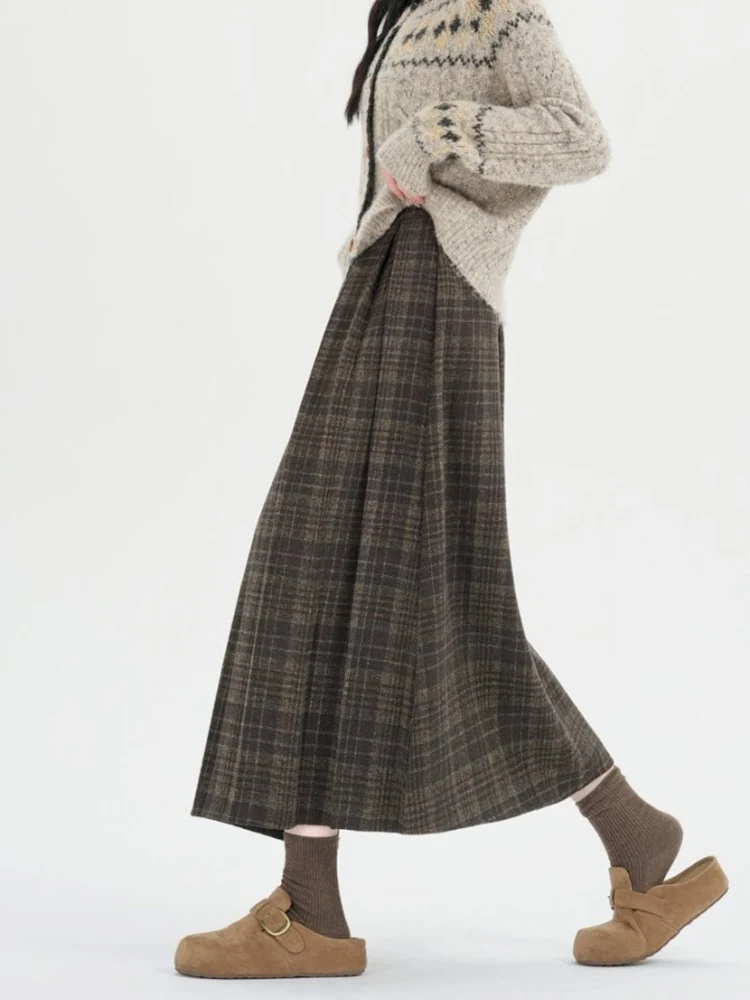 伸縮性ウエストレトロチェック柄プリーツウールスカート女性秋冬暖かいカジュアルビッグスイングロングAラインスカートレディース