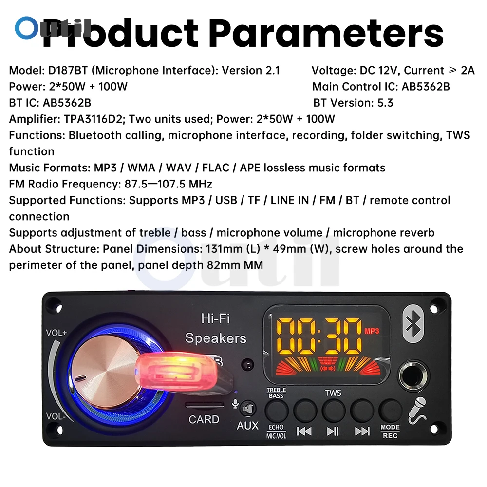 MP3 Bluetooth Decoding Board DC 12V Car Audio Decoder with TPA3116D2 Dual Chip Amplifier 2*50W+100W Lossless Playback BT 5.3