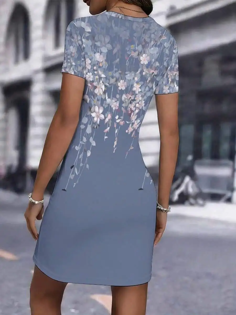 

Womens Floral Print Bodycon Dress Round Neck Short Sleeve Slim Fit