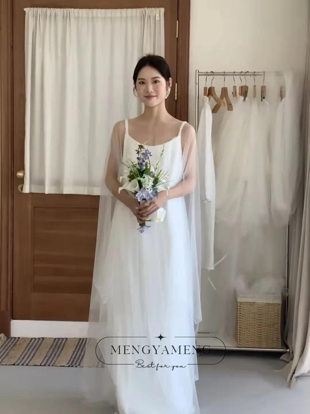 Simple 2Pcs A Line Tulle Strap Wedding Dresses Korea Photoshoot Backless Floor Length Bride Gowns Modern Reception Dresses
