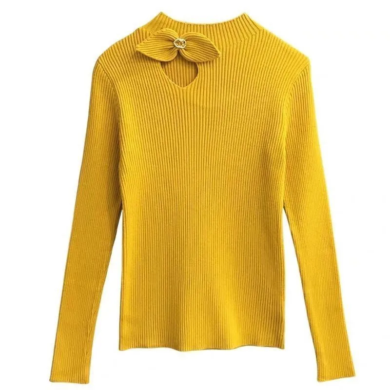 

Women's Mock Neck Knitted Sweater 2025 Autumn Winter Bow Hollow Sweet Sweater Female Soft Blouse Korean Style Bottom Shirt