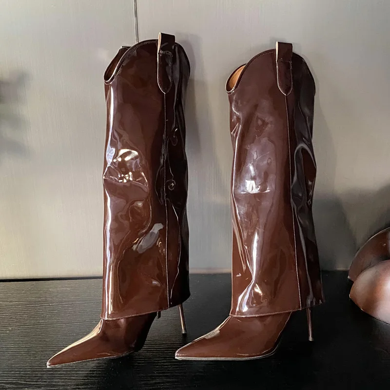 

Aneikeh/зимние пикантные женские сапоги до колена из лакированной кожи на тонком высоком каблуке с острым носком, женская обувь для выпускного вечера