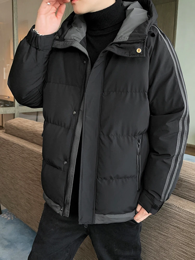 

Мужская утепленная зимняя куртка из хлопка с пуховым наполнителем, молодежная модная модель с воротником-стойкой, на молнии, с капюшоном, теплая, универсальная, с длинными рукавами
