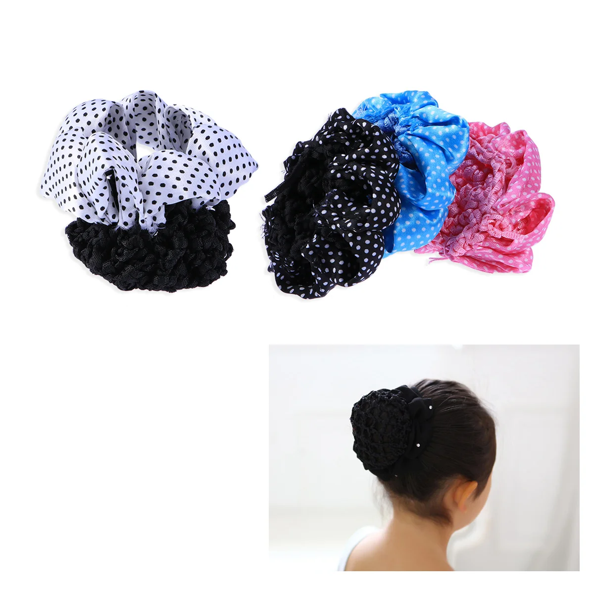 4pcs Elastic Hair Snood Net Satin Ruffles Hairnet Heardress for Ballet Dance Performance (Black + White + Blue + Pink)