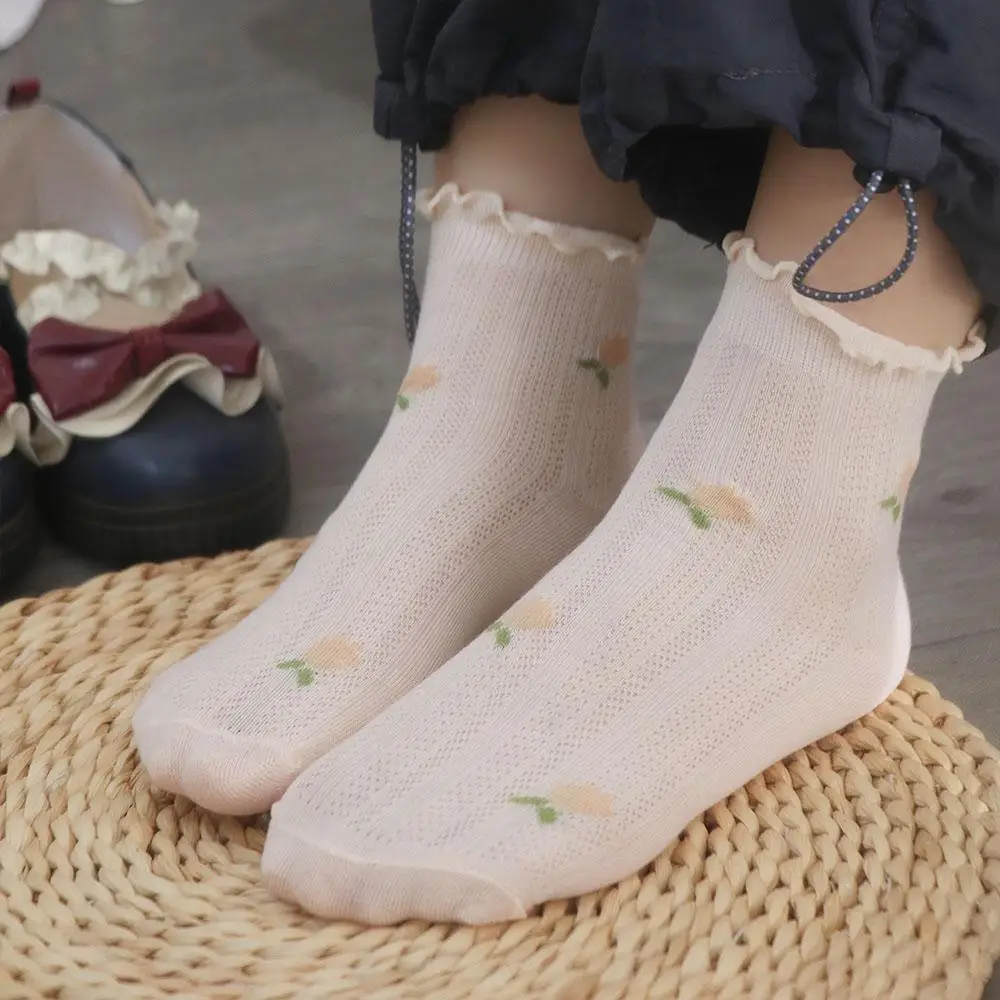 Soft Flower Ruffle Lace socks Love Printed Balletcore Style Mesh Ankle Socks Thin Lolita Summer Tube Socks Streetwear