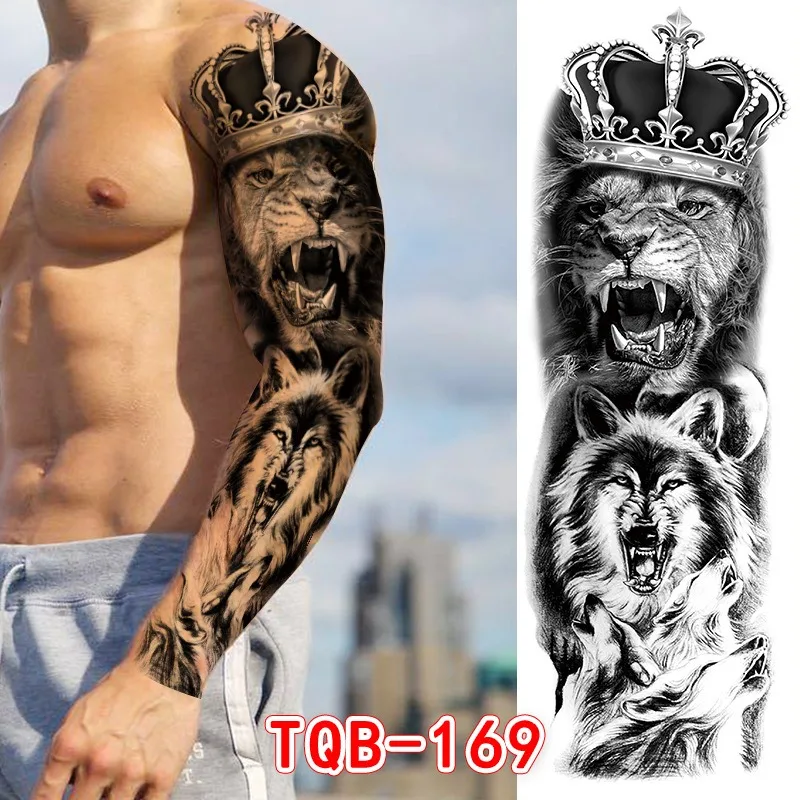 Full Arm Waterproof Temporary Tattoo Cool Skull Fish Dragon Lion Clock Men Women Art Fake Sticker Glitter Style