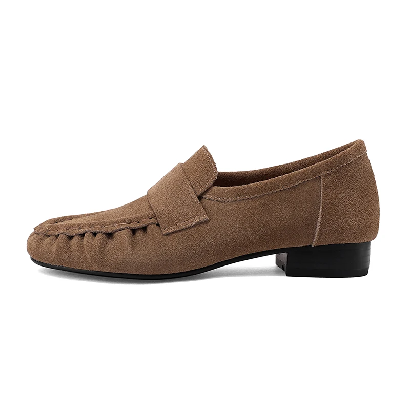 Smallhut nova tendência primavera camurça de vaca mocassins femininos marrom cáqui chocolate cinza retalhos sapatos dedo do pé redondo costura salto b