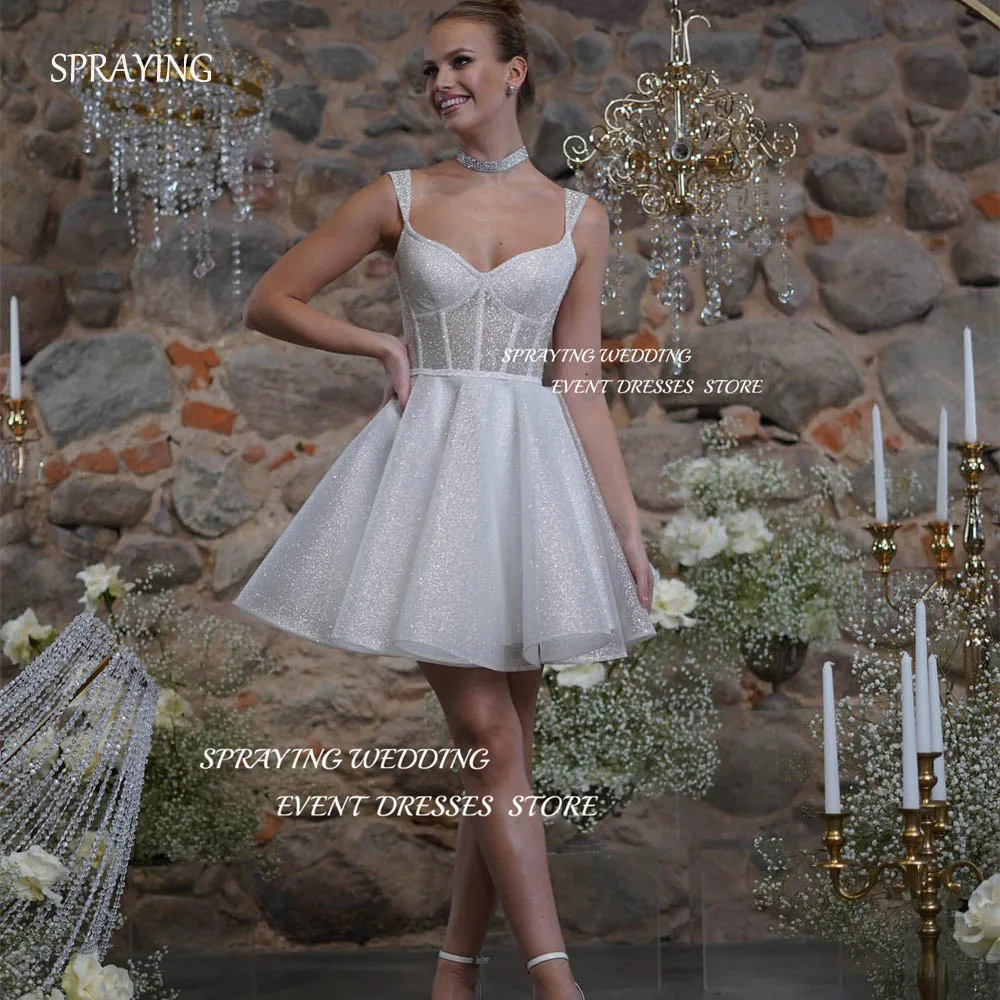 

SPRAYING Simple Mini A-line Organza Wedding Dress Sweetheart Short Above knee Bridal Gown Sparkly Corset Back Wedding Dinner