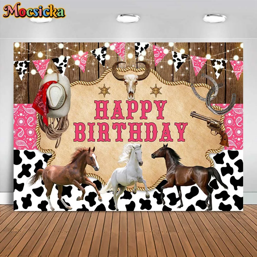 Mocsicka Cowgirl Compleanno Sfondo Rustico Cowboy Rodeo Rosa Bandana Ragazza Festa di Compleanno Decor Sfondo Studio Fotografico Photocall