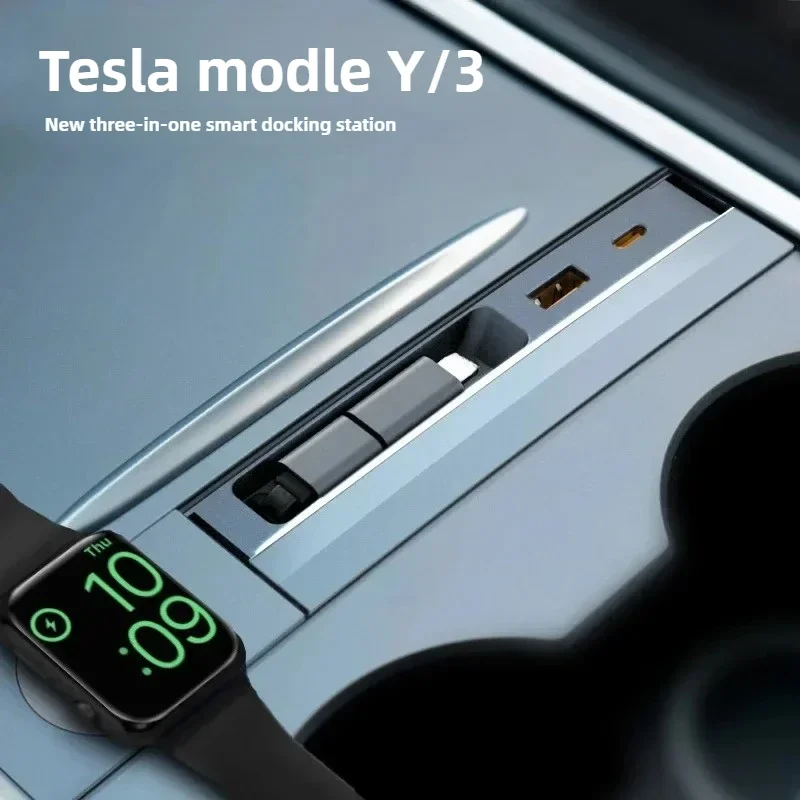 For Tesla Model 3/Y USB Hub 27W 3 in 1 Docking Station with retractable cable Support Wireless Charging Of Apple Watch for Tesla