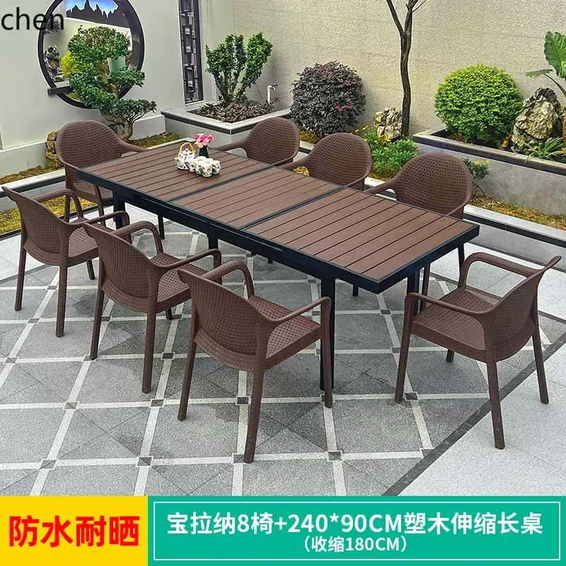 

YY- courtyard retractable plastic wood tables and chairs villa outdoor garden terrace dining table outdoor tables and chairs