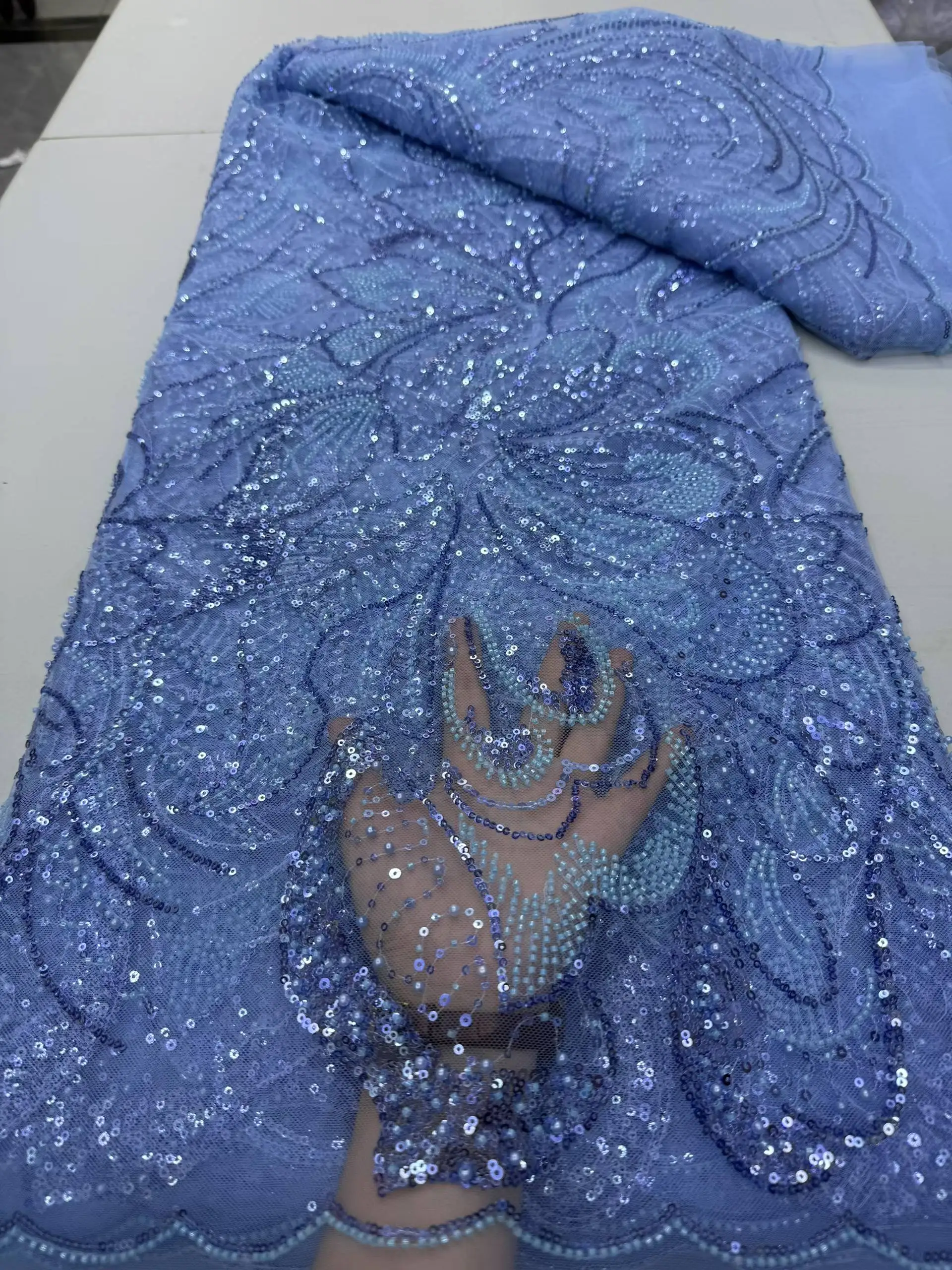 

Африканская кружевная ткань с блестками и бисером, 2025, высокое качество, кружевная ткань с французской вышивкой и бисером для нигерийского свадебного шитья