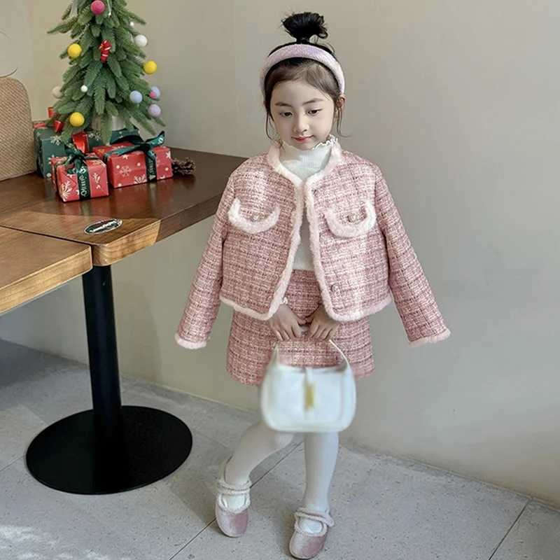 New Girls Princess Outfits Classic Elegant Tweed Two-Piece Set Coat+Skirt Children Stylish Outing Suits Birthday Party Costumes