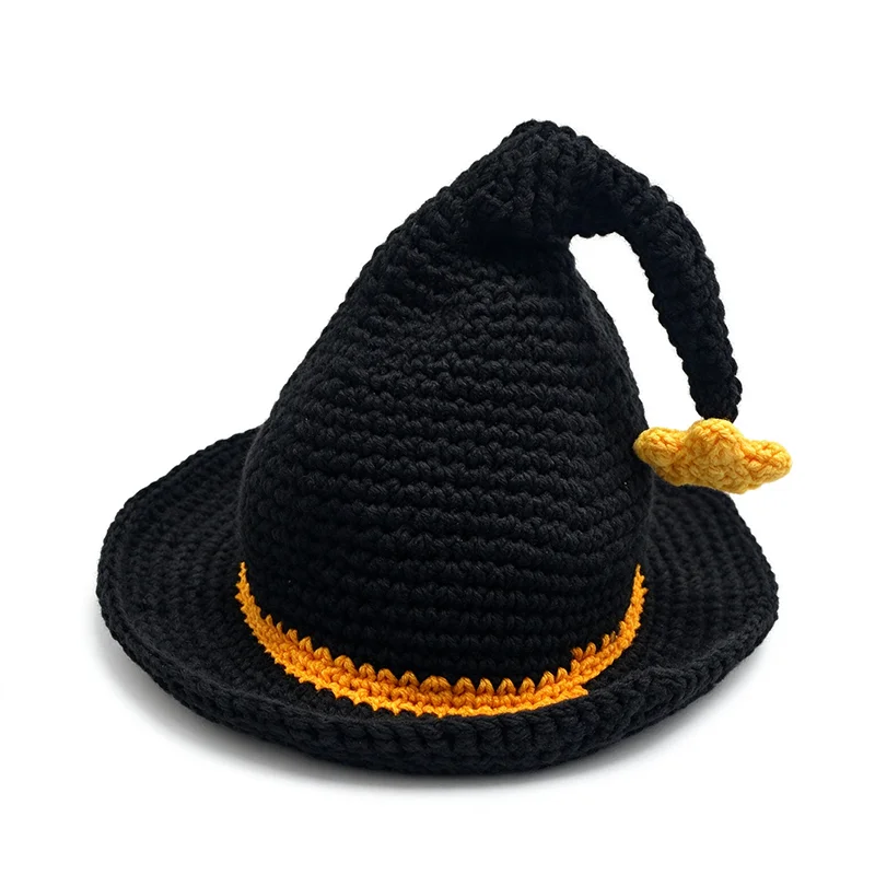 Handmade Colorful Witch Wizard Hat Women Custom Crochet Plush Star Decor Knitted Pixie Beanie Men Cosplay Unisex Festival Caps