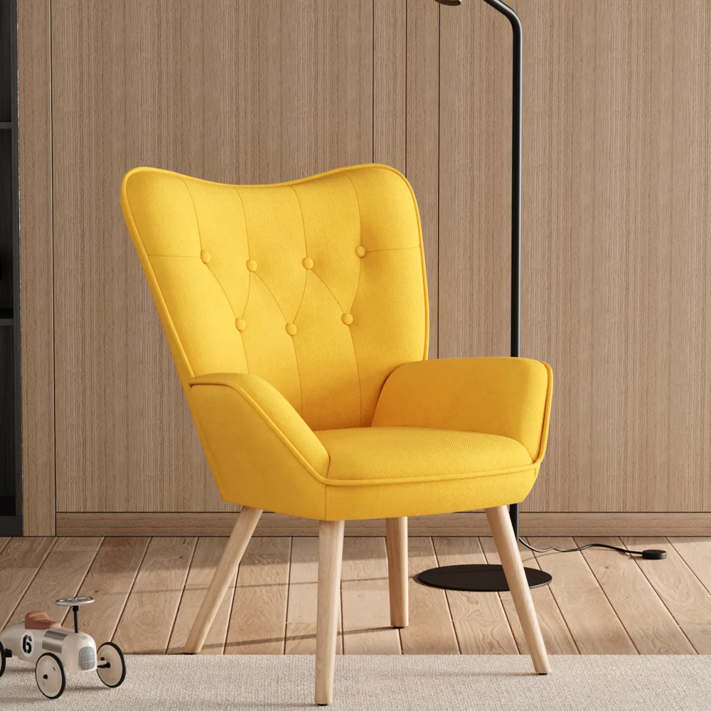 Yellow Linen Tufted Back Armchair with Plush Cushioning and Natural Rubberwood Legs