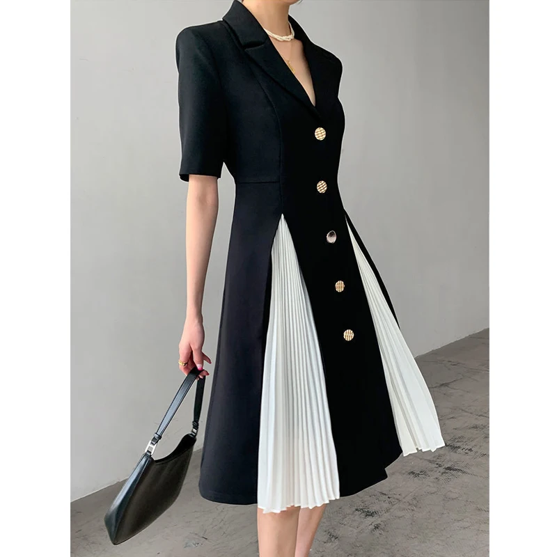 Women Summer Notched Neck Pleated Patchwork Elegant Dresses Fashion Single Breasted Business Casual Office Lady Slim Midi Dress