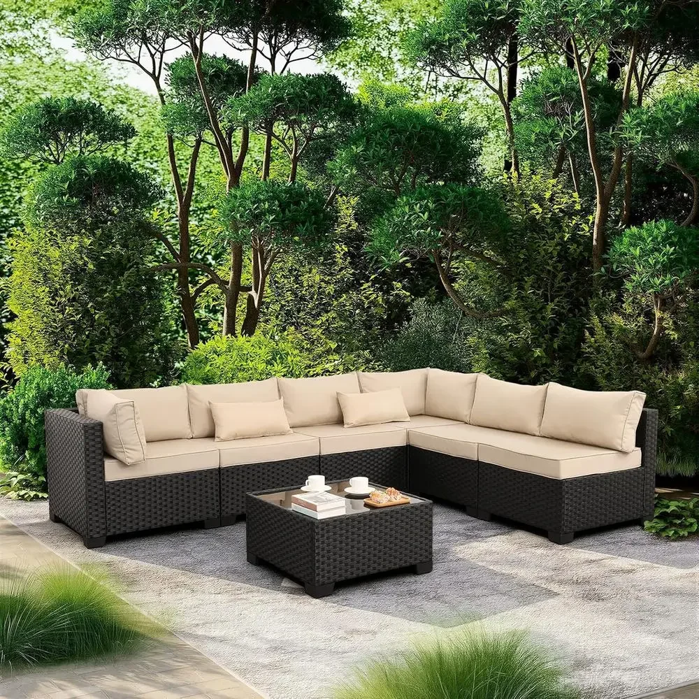 

Special Offer7-Piece Khaki Outdoor Wicker Patio Sectional Sofa Set With Glass Table And Cushions