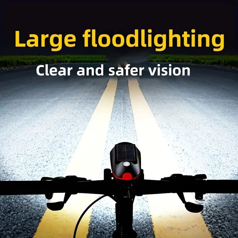 Bicycle Headlight 250 Lumens with Horn Alarm USB Solar Rechargeable High Bright Light for Mountain Bike Cycling Safety Accessory