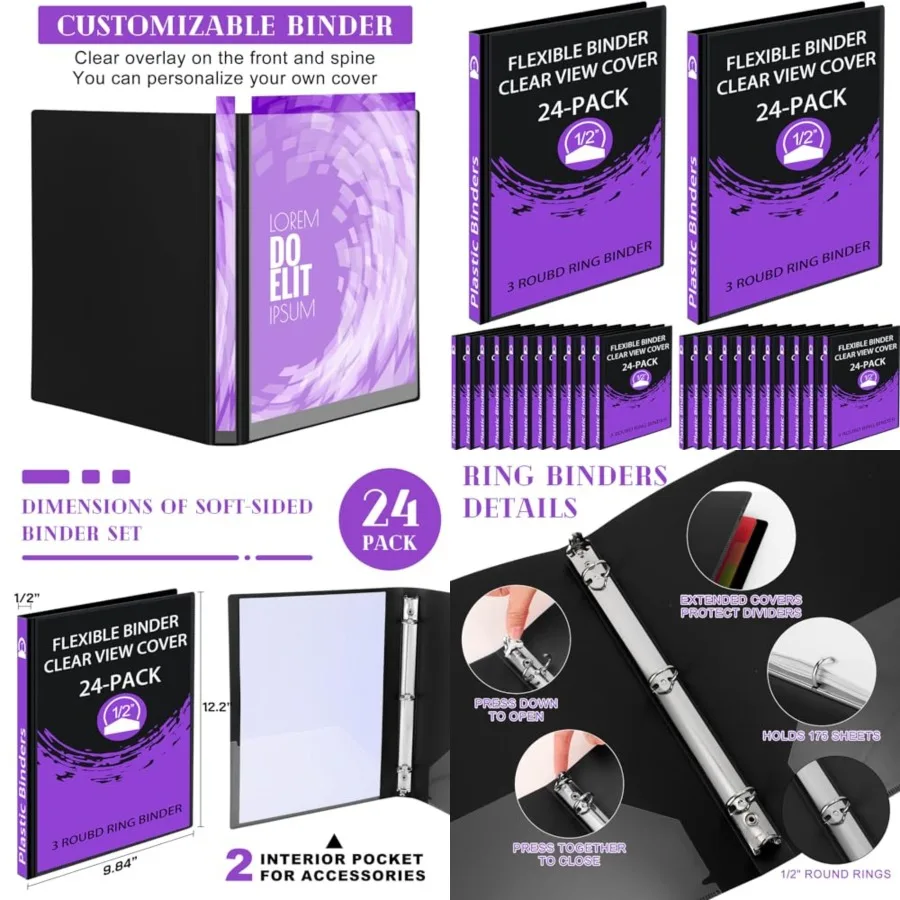 

24 Pcs 3 Ring Plastic Binders Bulk with 2 Pockets Flexible Binder with Transparent View Cover Plastic Binder for Home Office /2