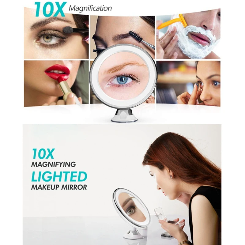 10X Smart Makeup Magnifying Mirror  LED Supplementary Light Mirror Suction Cup Wall-Mounted  For Vanity Bathroom Travel