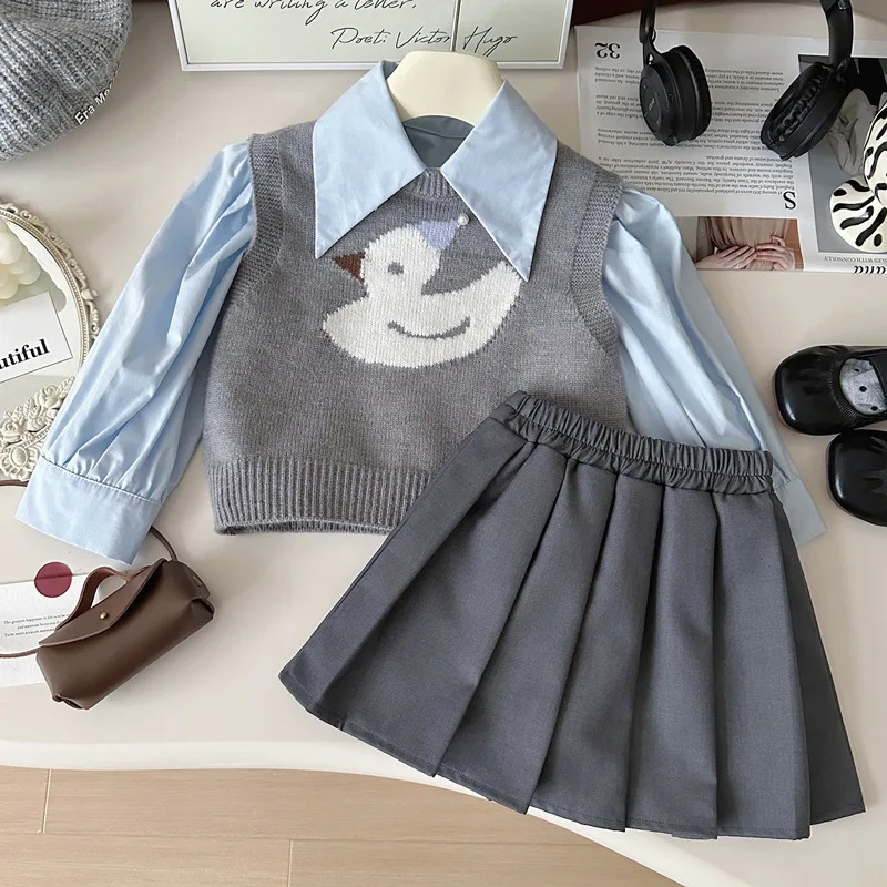 

Spring Autumn Girls Preppy Style 3-Piece Set Knit Vest + Shirt & Pleated Skirt Outfit 2-8Y Fashionable School Uniform Clothes