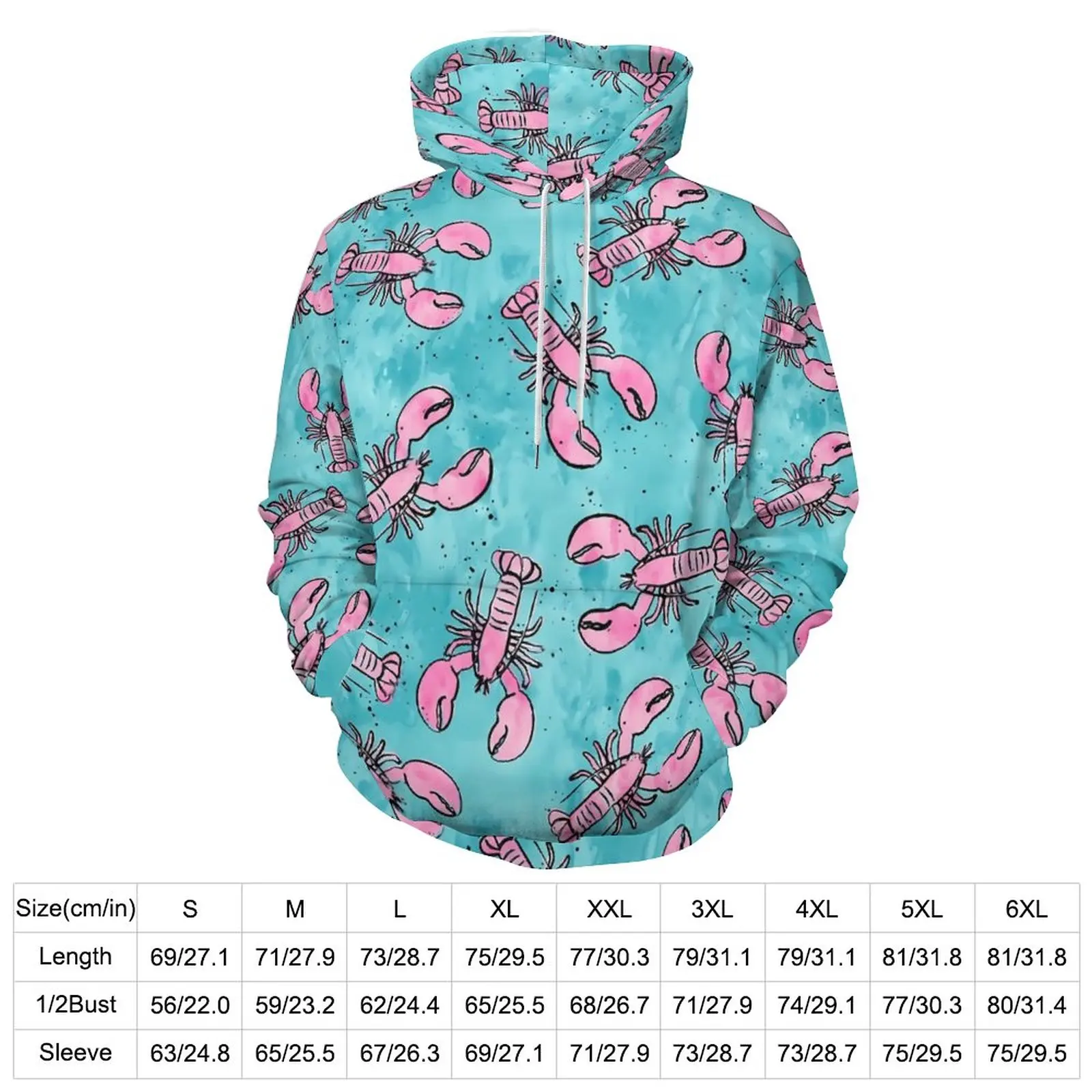 Lobsters Print Casual Hoodies Pink And Blue Classic Hoodie Men Long Sleeve Y2k Custom Sweatshirts Large Size 5XL 6XL