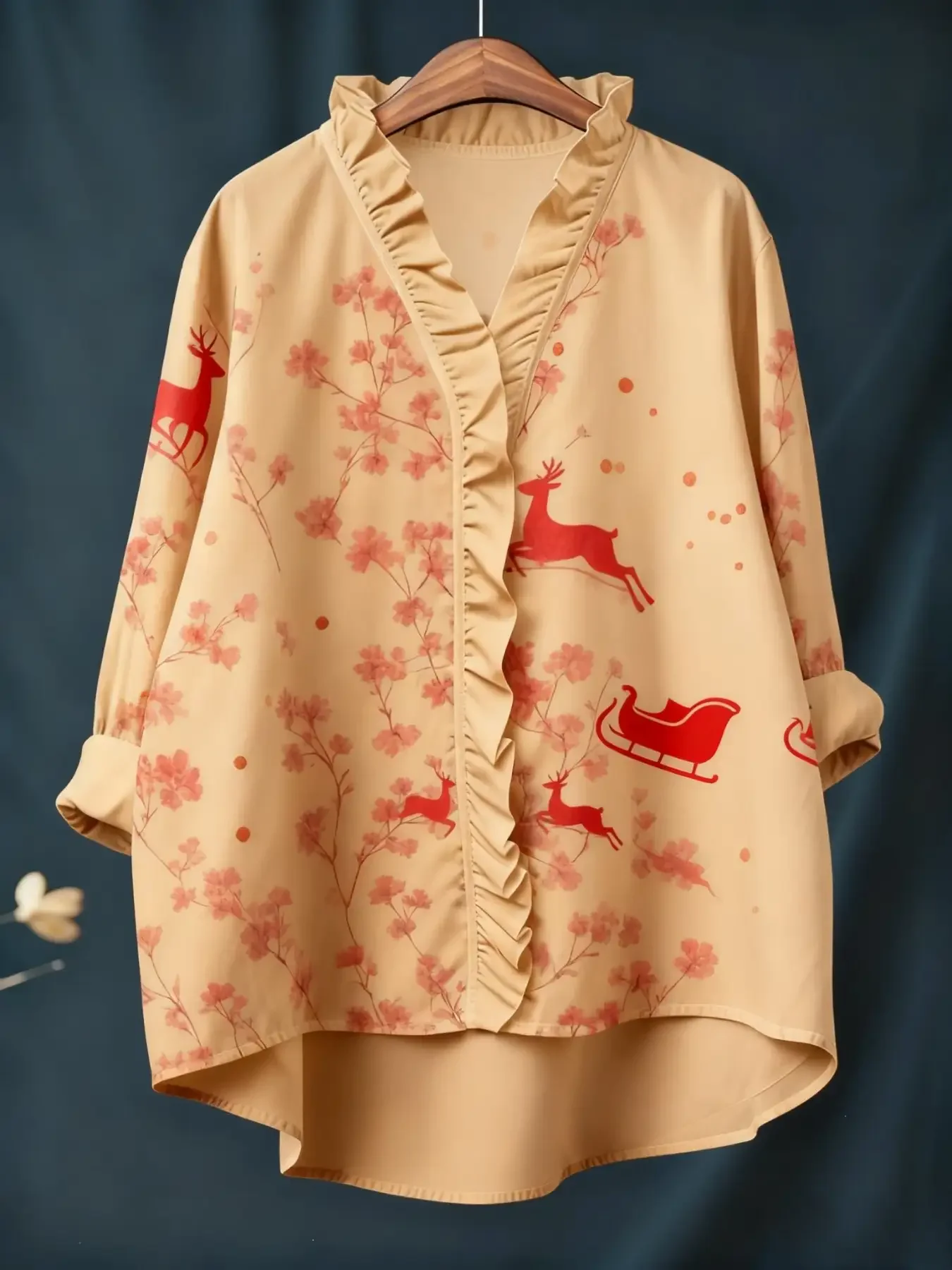 Nova camisa feminina de manga comprida com estampa digital de Natal e gola com babados, ajuste solto, s-2xl