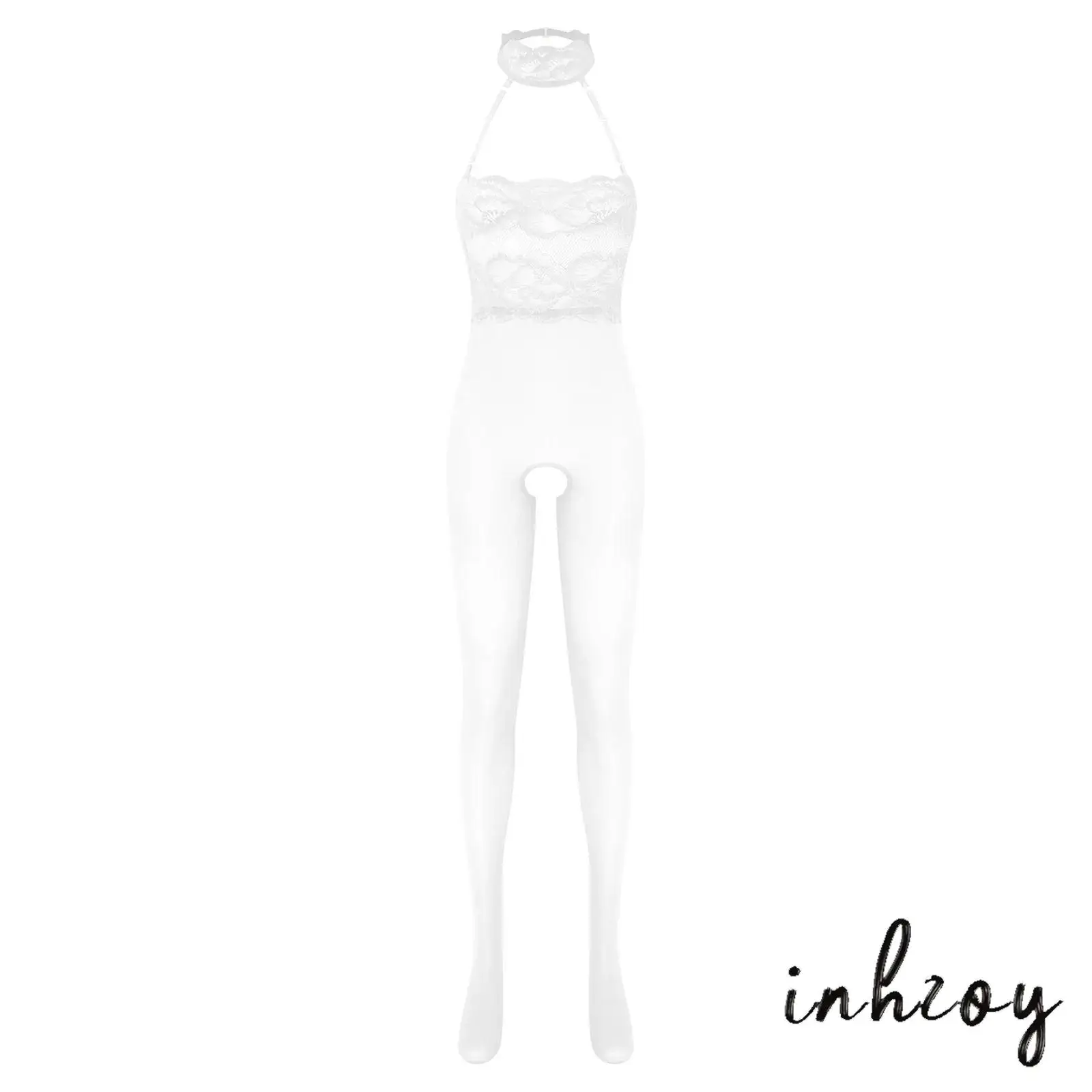 

Womens Sexy Lace Patchwork Bodystocking Glossy Sissy Jumpsuit with Footed Legs Adjustable Halter for Romantic Evening Wear