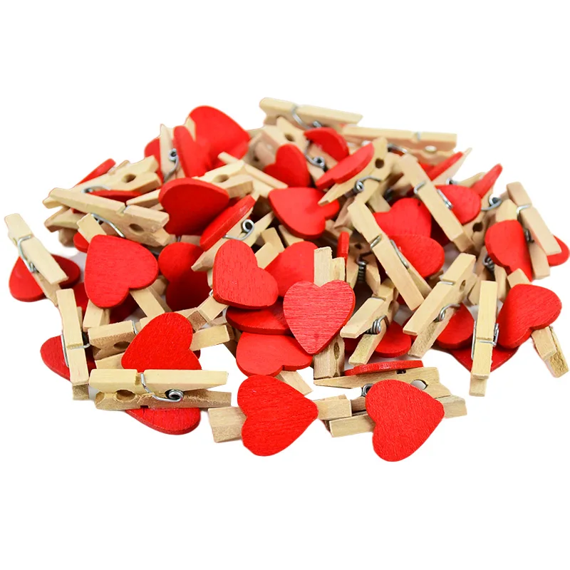 50pcs Wooden Clips Love Heart Clothes Photo Paper Craft Pegs Pin Mini Red Heart Clothespin Postcard Clip Home Wedding Decoration