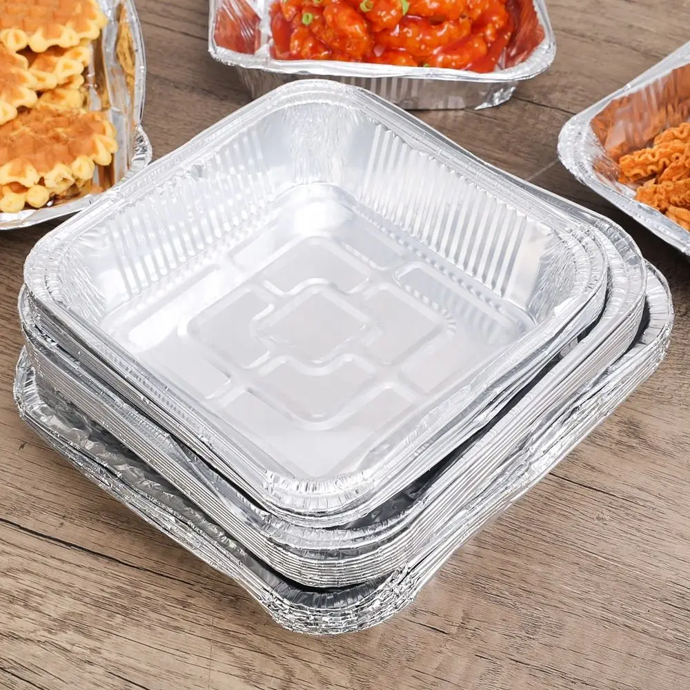 10Pcs 6/7/8 Inch Food Tin Foil Tray Non-stick Oven BBQ Baking Tools Aluminum Foil Box Oil-resistant Reusable Air Fryer Tray