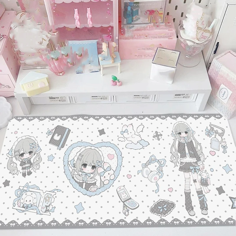 PU Leather Mouse Pad Pink Kawaii Angel Girl Polka Dot Cat  Mouse Pad Office Desk Mat Waterproof Non-Slip PU Desk Blotter Pad