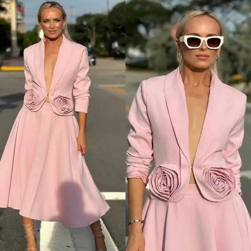 2 Pieces Pink Women Dress Suits Big Flowers Graduation Ceremony Attire Birthday Party Evening Wear Customized