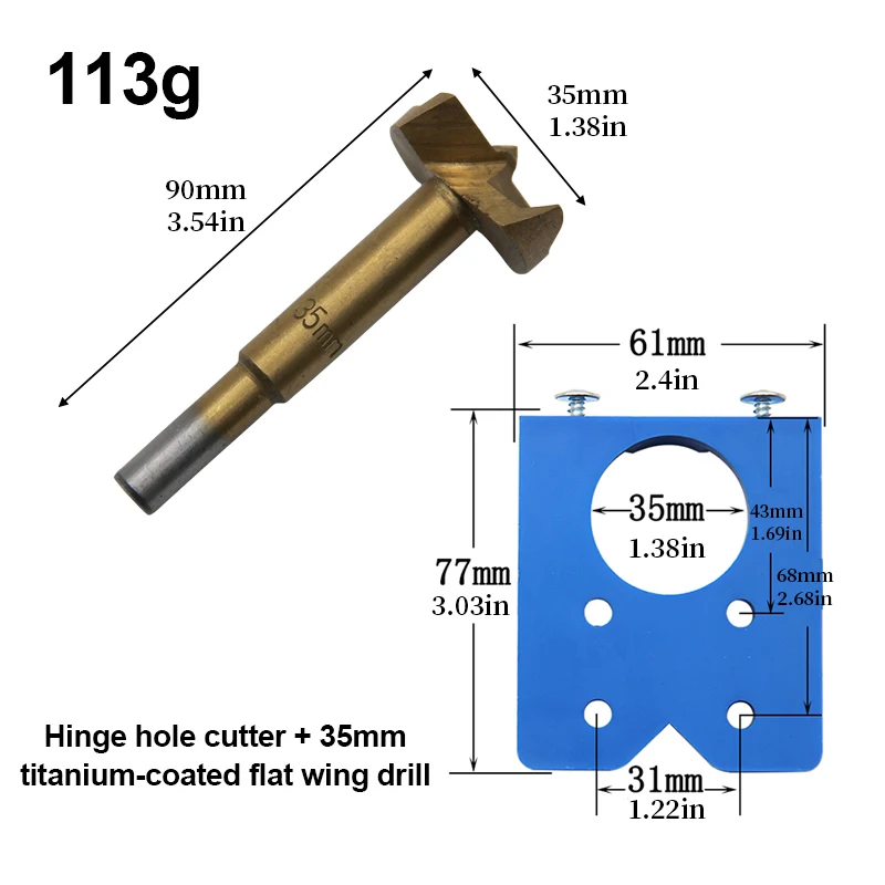 Hinge Boring Jig 35mm Titanium Coated Flat Drill Bit Wood Door Cabinet Furniture Hole Positioning Guide Template 2PCS