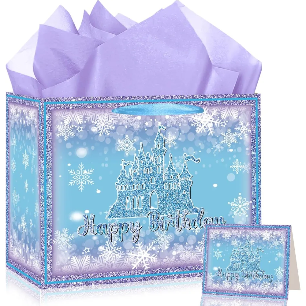 

Frozen Birthday Gift Bag with Greeting Card and Tissue Paper Large Snowflake Castle Party Favor Bags Frozen Birthday Wrapping